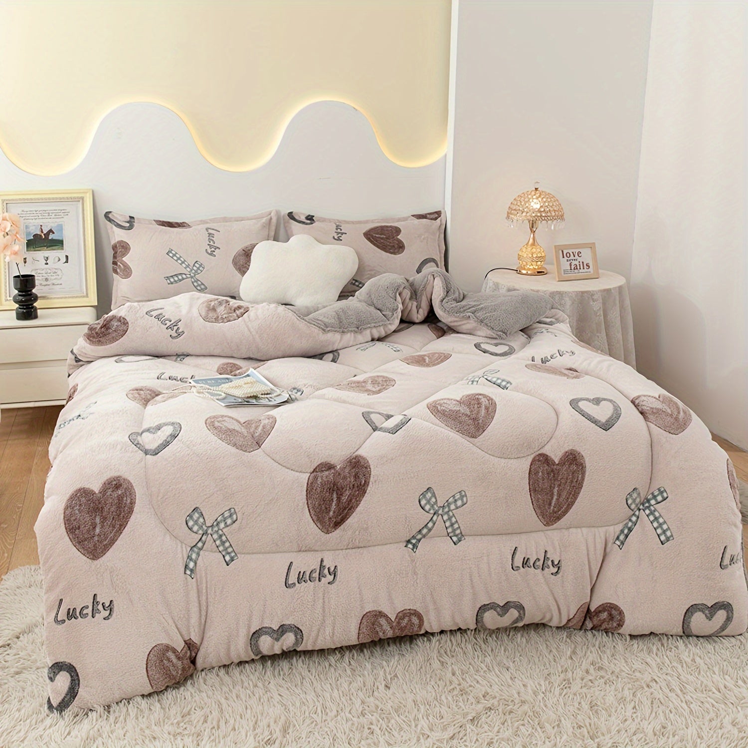 Cute Bow Decor Plush Snowflake Velvet Winter Bedding Filling