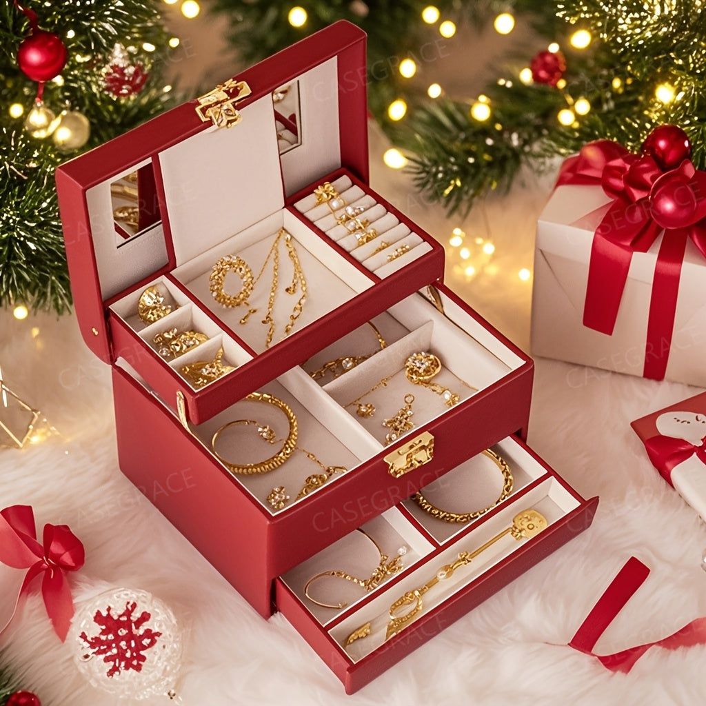Portable Multi-Layer Red Jewelry Display Box with Heart Shape Key Lock