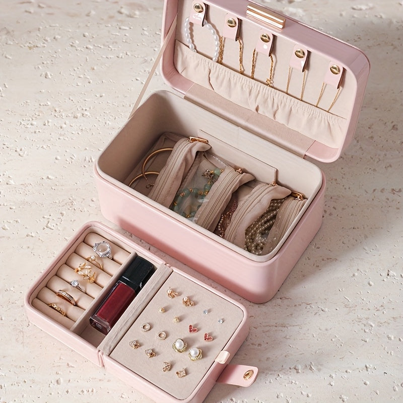 Glossy PU Double Layer Portable Travel Jewelry Organizer Box