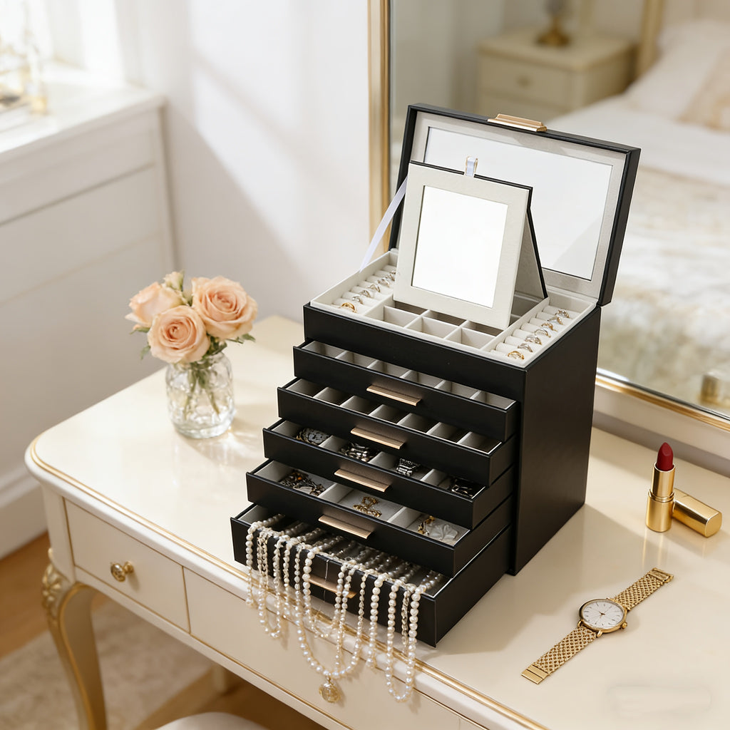 Large Capacity Skylight Jewelry Organizer with Built-in Makeup Mirror