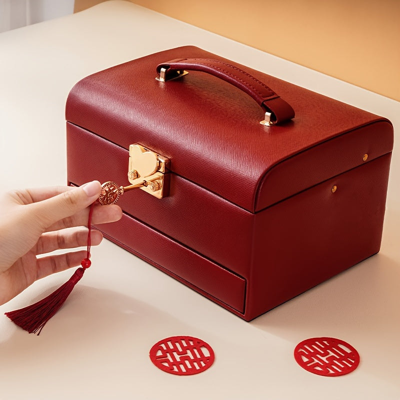 Portable Multi-Layer Red Jewelry Display Box with Heart Shape Key Lock