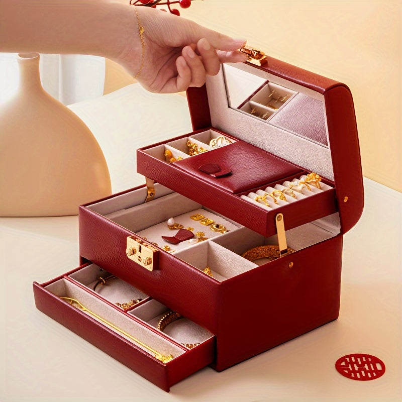 Portable Multi-Layer Red Jewelry Display Box with Heart Shape Key Lock