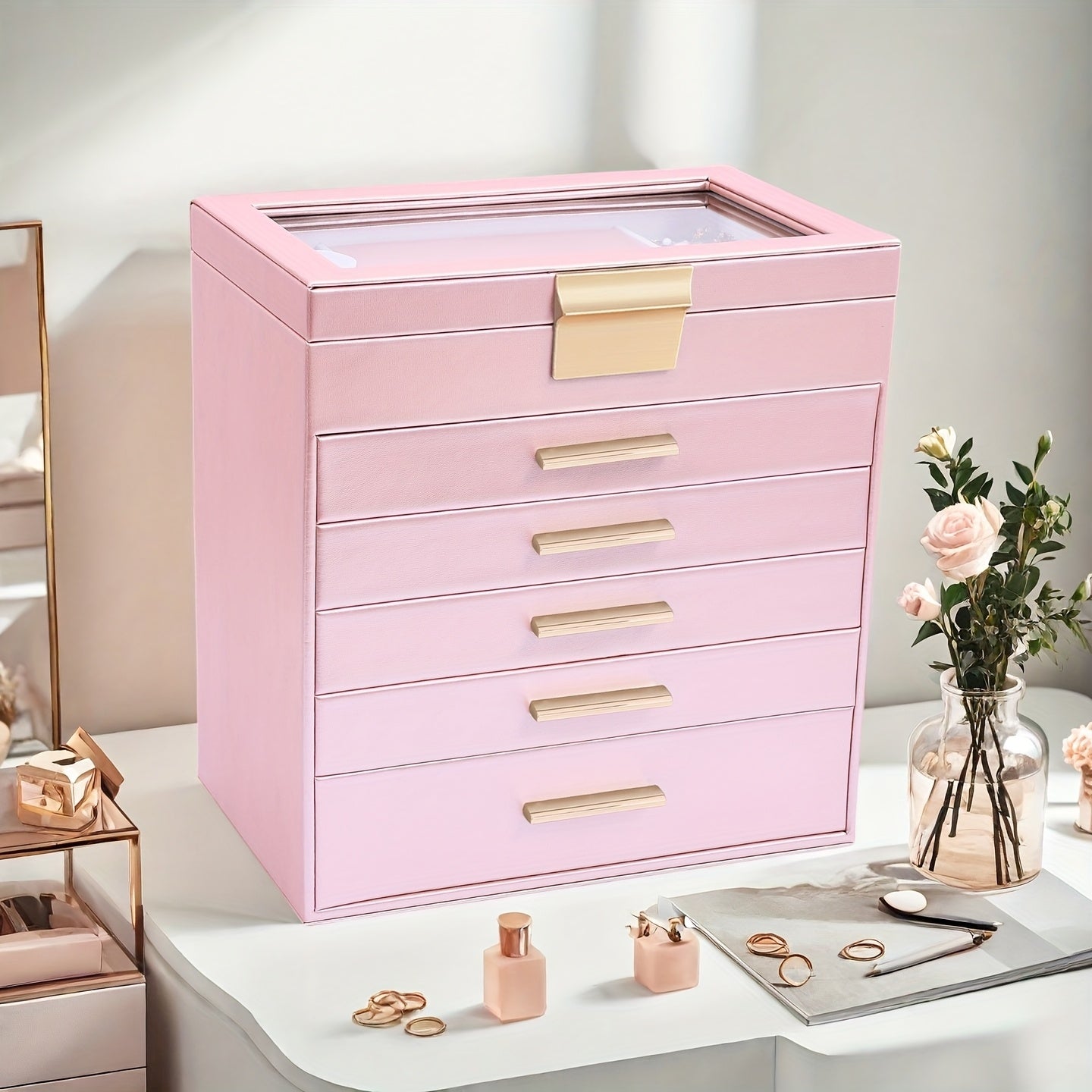 Large Capacity Skylight Jewelry Organizer with Built-in Makeup Mirror