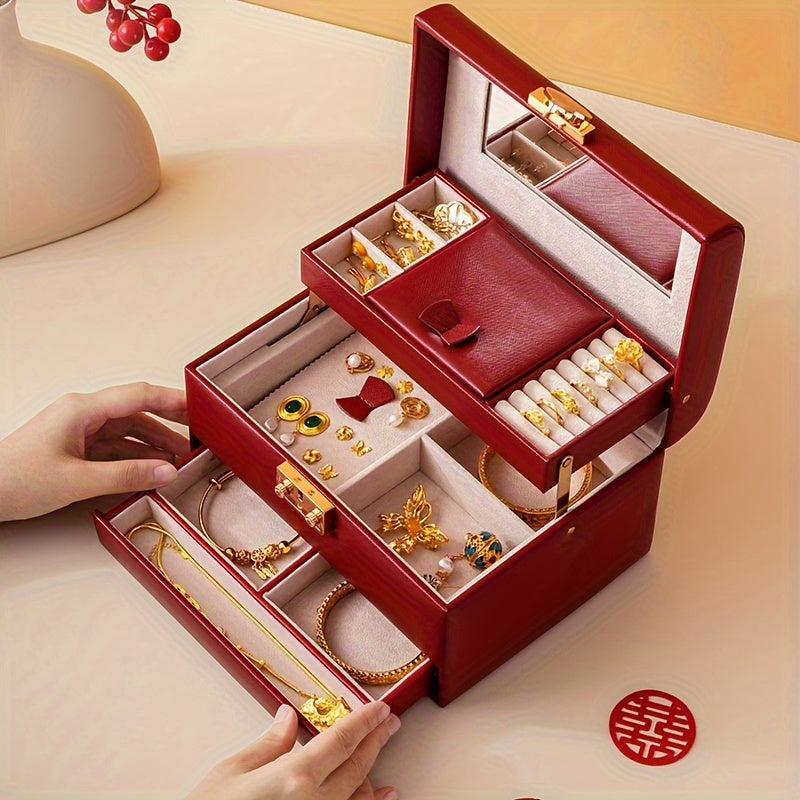 Portable Multi-Layer Red Jewelry Display Box with Heart Shape Key Lock