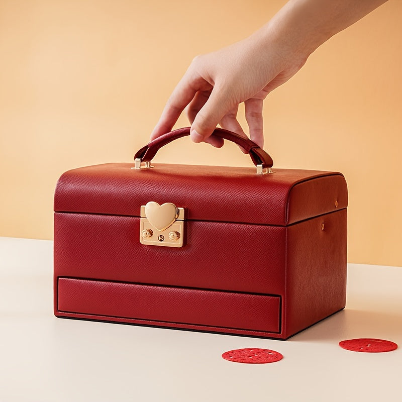 Portable Multi-Layer Red Jewelry Display Box with Heart Shape Key Lock
